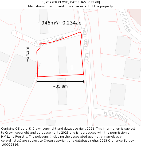 1, PEPPER CLOSE, CATERHAM, CR3 6BJ: Plot and title map