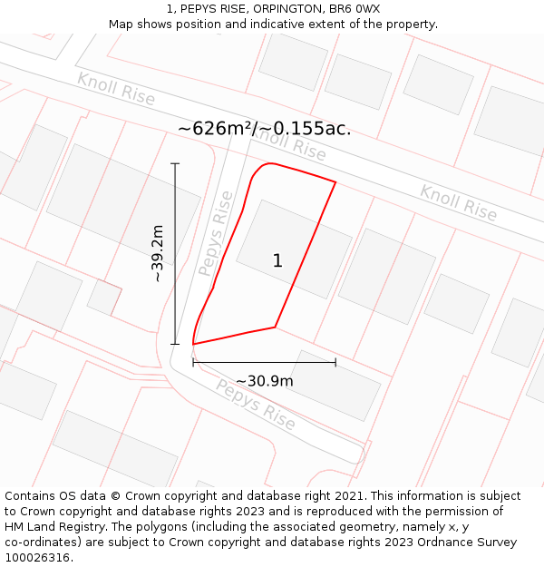 1, PEPYS RISE, ORPINGTON, BR6 0WX: Plot and title map