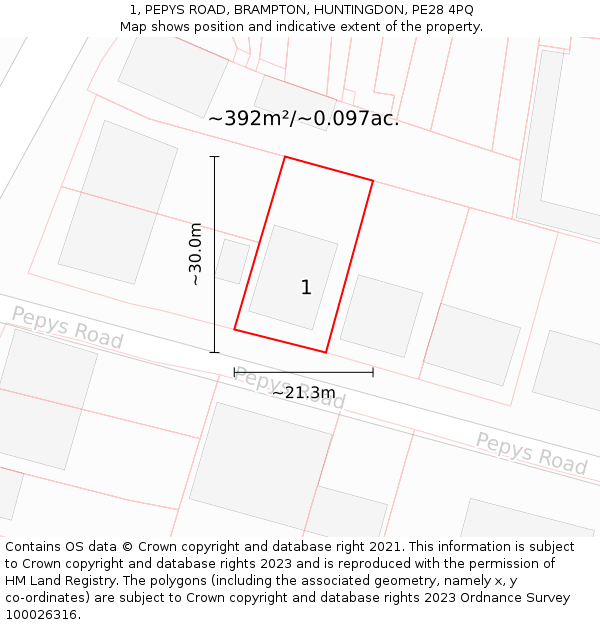1, PEPYS ROAD, BRAMPTON, HUNTINGDON, PE28 4PQ: Plot and title map