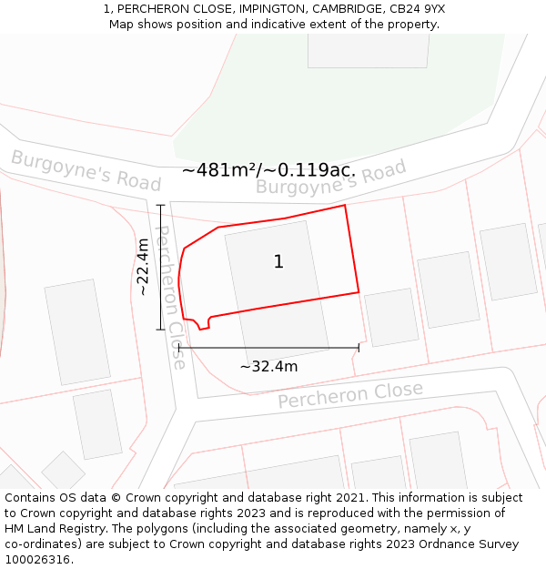 1, PERCHERON CLOSE, IMPINGTON, CAMBRIDGE, CB24 9YX: Plot and title map