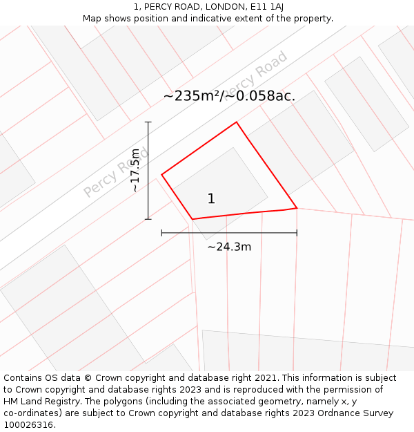 1, PERCY ROAD, LONDON, E11 1AJ: Plot and title map