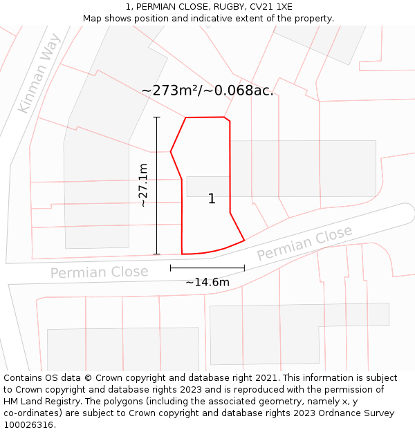 1, PERMIAN CLOSE, RUGBY, CV21 1XE: Plot and title map