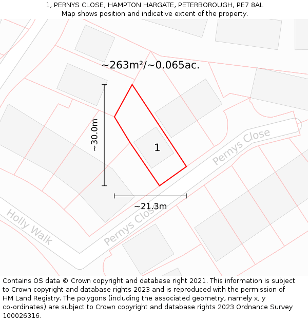 1, PERNYS CLOSE, HAMPTON HARGATE, PETERBOROUGH, PE7 8AL: Plot and title map