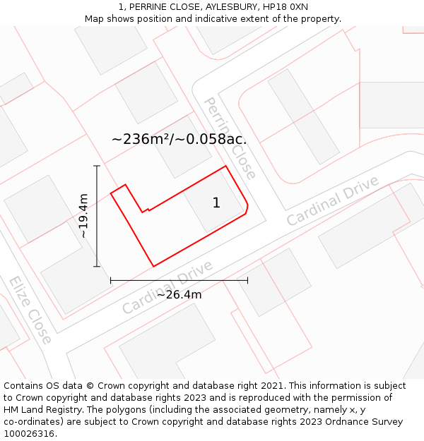 1, PERRINE CLOSE, AYLESBURY, HP18 0XN: Plot and title map