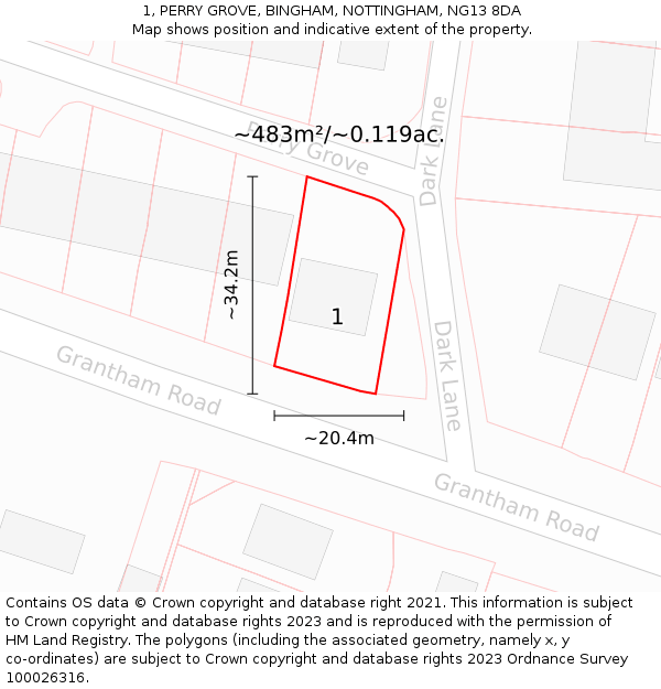 1, PERRY GROVE, BINGHAM, NOTTINGHAM, NG13 8DA: Plot and title map