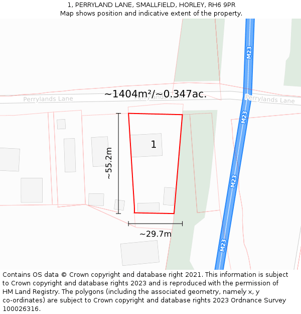 1, PERRYLAND LANE, SMALLFIELD, HORLEY, RH6 9PR: Plot and title map