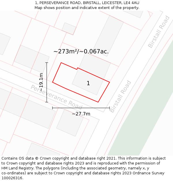 1, PERSEVERANCE ROAD, BIRSTALL, LEICESTER, LE4 4AU: Plot and title map