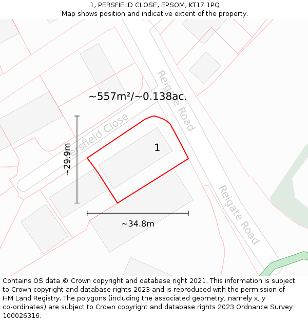 1, PERSFIELD CLOSE, EPSOM, KT17 1PQ: Plot and title map