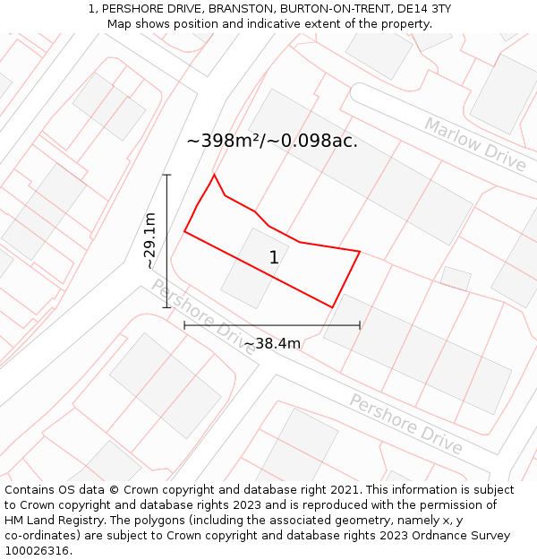 1, PERSHORE DRIVE, BRANSTON, BURTON-ON-TRENT, DE14 3TY: Plot and title map