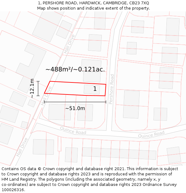 1, PERSHORE ROAD, HARDWICK, CAMBRIDGE, CB23 7XQ: Plot and title map
