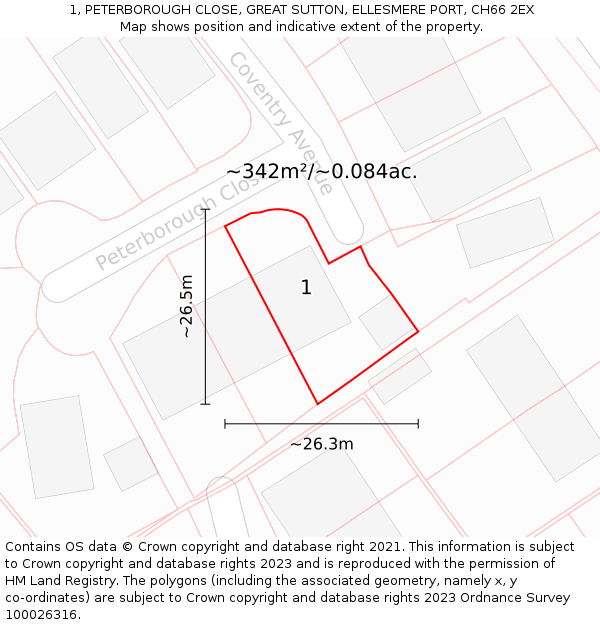1, PETERBOROUGH CLOSE, GREAT SUTTON, ELLESMERE PORT, CH66 2EX: Plot and title map