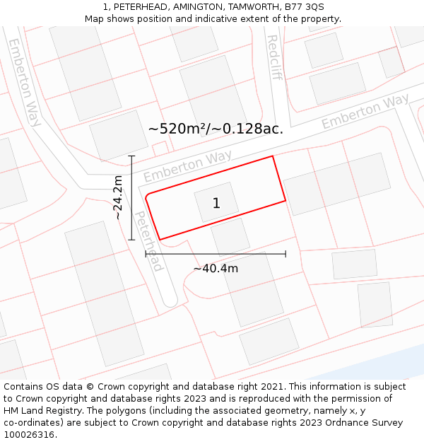 1, PETERHEAD, AMINGTON, TAMWORTH, B77 3QS: Plot and title map