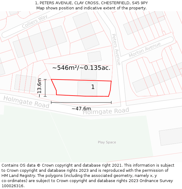 1, PETERS AVENUE, CLAY CROSS, CHESTERFIELD, S45 9PY: Plot and title map