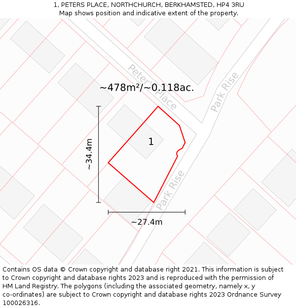 1, PETERS PLACE, NORTHCHURCH, BERKHAMSTED, HP4 3RU: Plot and title map