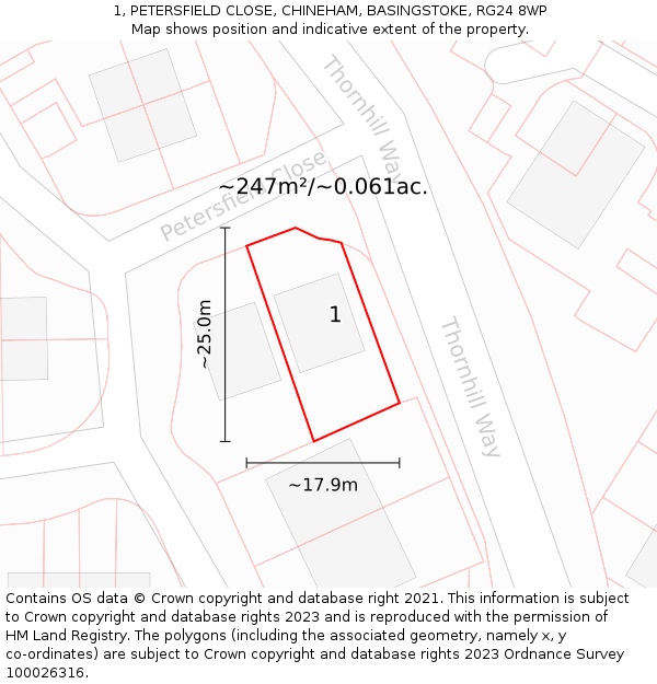 1, PETERSFIELD CLOSE, CHINEHAM, BASINGSTOKE, RG24 8WP: Plot and title map