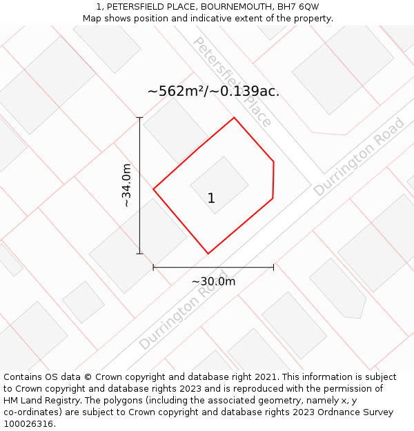 1, PETERSFIELD PLACE, BOURNEMOUTH, BH7 6QW: Plot and title map