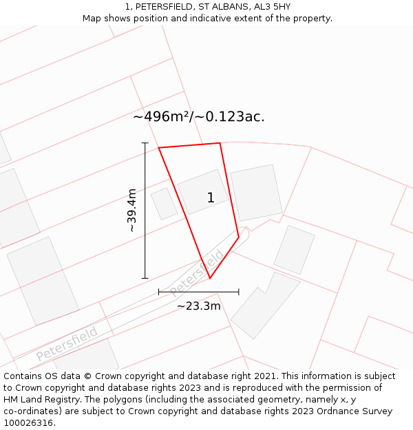 1, PETERSFIELD, ST ALBANS, AL3 5HY: Plot and title map