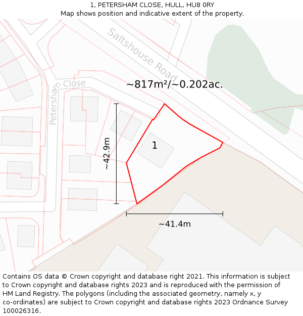 1, PETERSHAM CLOSE, HULL, HU8 0RY: Plot and title map