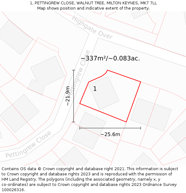 1, PETTINGREW CLOSE, WALNUT TREE, MILTON KEYNES, MK7 7LL: Plot and title map