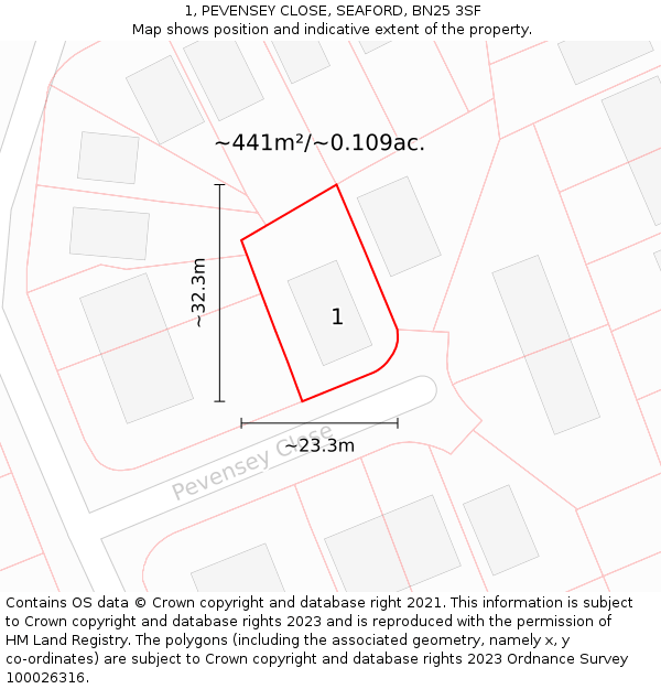 1, PEVENSEY CLOSE, SEAFORD, BN25 3SF: Plot and title map
