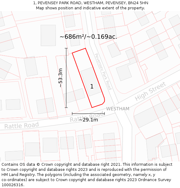 1, PEVENSEY PARK ROAD, WESTHAM, PEVENSEY, BN24 5HN: Plot and title map