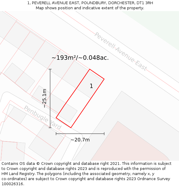 1, PEVERELL AVENUE EAST, POUNDBURY, DORCHESTER, DT1 3RH: Plot and title map