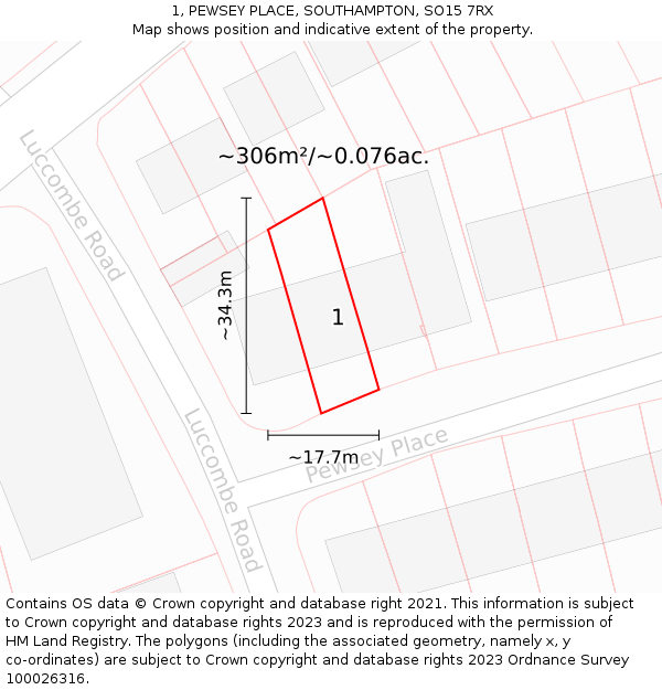 1, PEWSEY PLACE, SOUTHAMPTON, SO15 7RX: Plot and title map