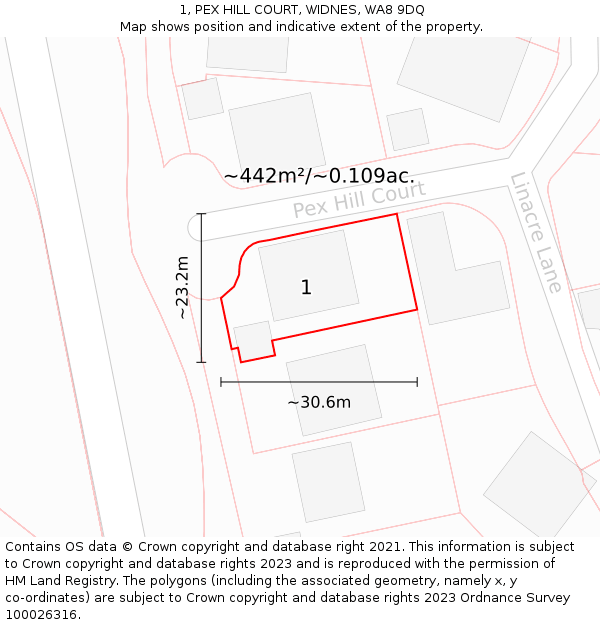 1, PEX HILL COURT, WIDNES, WA8 9DQ: Plot and title map