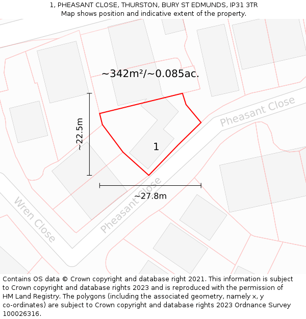 1, PHEASANT CLOSE, THURSTON, BURY ST EDMUNDS, IP31 3TR: Plot and title map