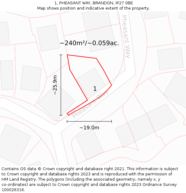 1, PHEASANT WAY, BRANDON, IP27 0BE: Plot and title map