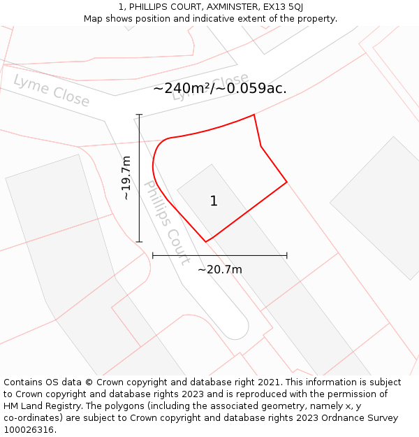 1, PHILLIPS COURT, AXMINSTER, EX13 5QJ: Plot and title map