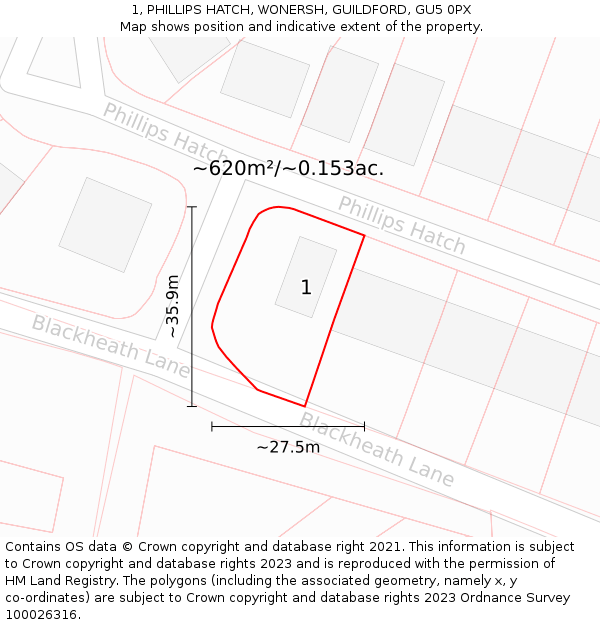1, PHILLIPS HATCH, WONERSH, GUILDFORD, GU5 0PX: Plot and title map