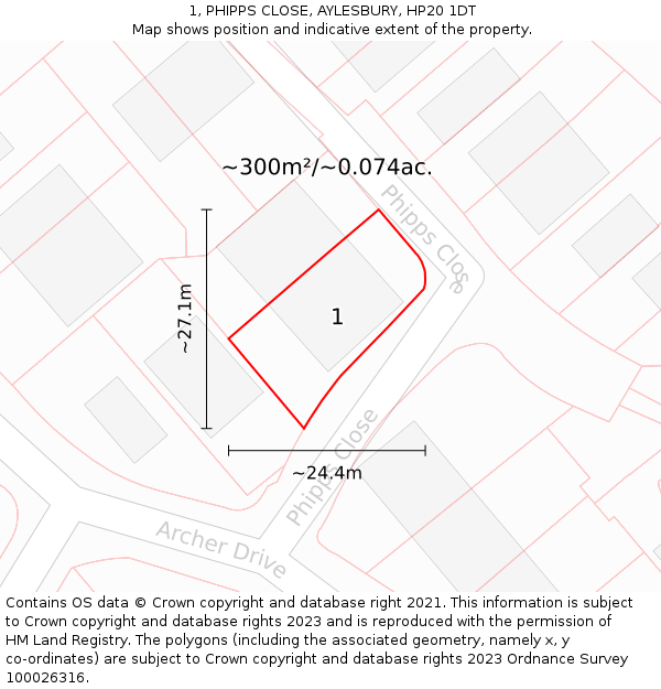 1, PHIPPS CLOSE, AYLESBURY, HP20 1DT: Plot and title map