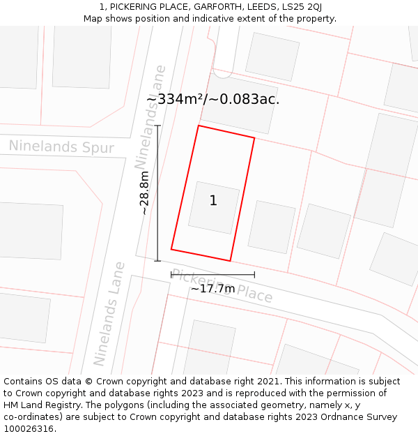 1, PICKERING PLACE, GARFORTH, LEEDS, LS25 2QJ: Plot and title map