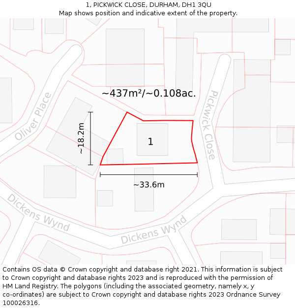 1, PICKWICK CLOSE, DURHAM, DH1 3QU: Plot and title map
