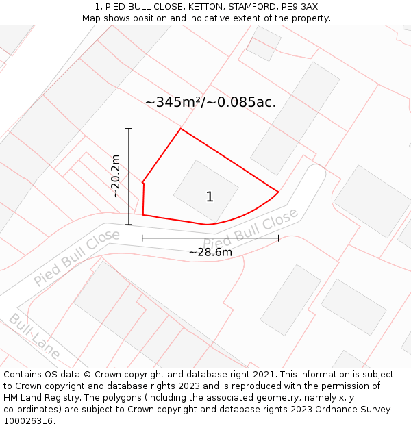 1, PIED BULL CLOSE, KETTON, STAMFORD, PE9 3AX: Plot and title map