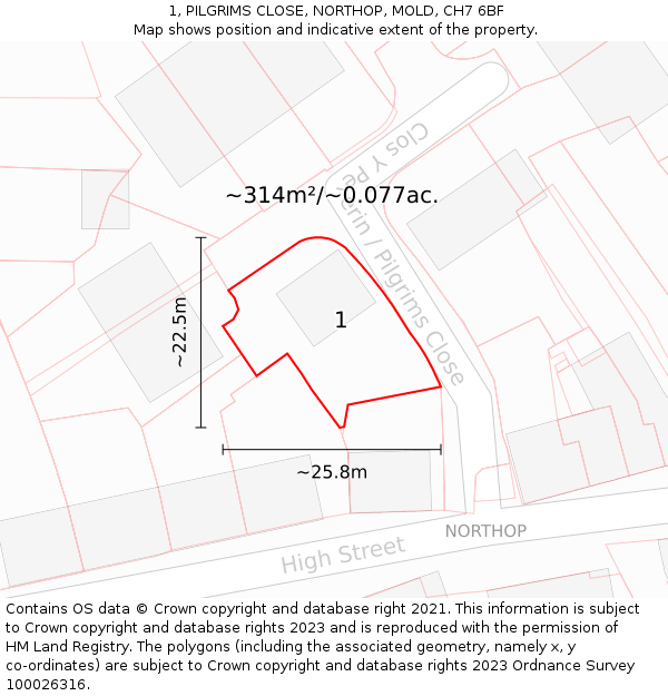 1, PILGRIMS CLOSE, NORTHOP, MOLD, CH7 6BF: Plot and title map