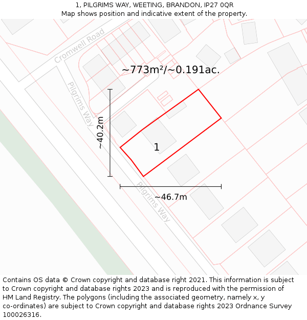 1, PILGRIMS WAY, WEETING, BRANDON, IP27 0QR: Plot and title map