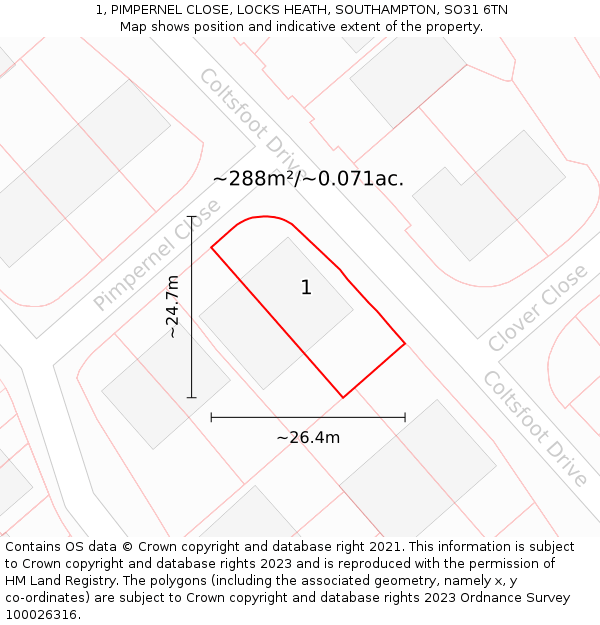 1, PIMPERNEL CLOSE, LOCKS HEATH, SOUTHAMPTON, SO31 6TN: Plot and title map