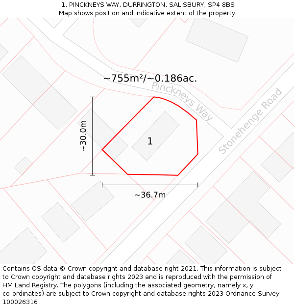 1, PINCKNEYS WAY, DURRINGTON, SALISBURY, SP4 8BS: Plot and title map