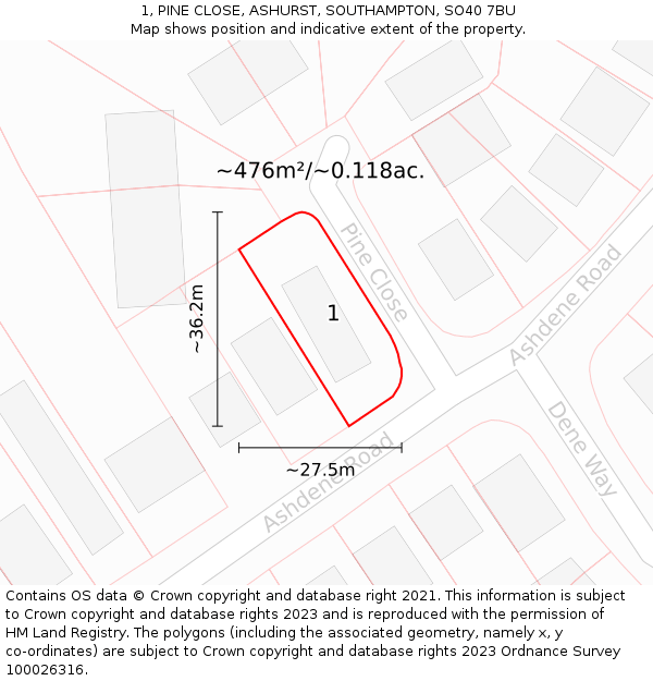 1, PINE CLOSE, ASHURST, SOUTHAMPTON, SO40 7BU: Plot and title map