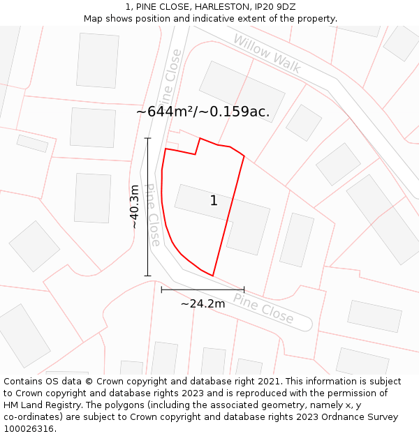 1, PINE CLOSE, HARLESTON, IP20 9DZ: Plot and title map