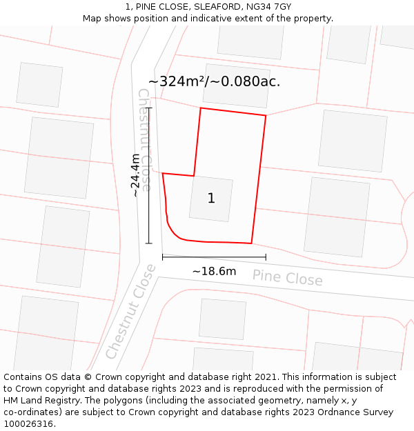 1, PINE CLOSE, SLEAFORD, NG34 7GY: Plot and title map