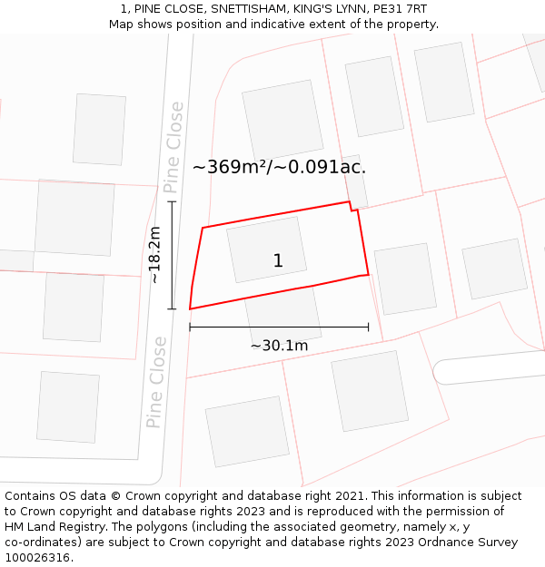 1, PINE CLOSE, SNETTISHAM, KING'S LYNN, PE31 7RT: Plot and title map