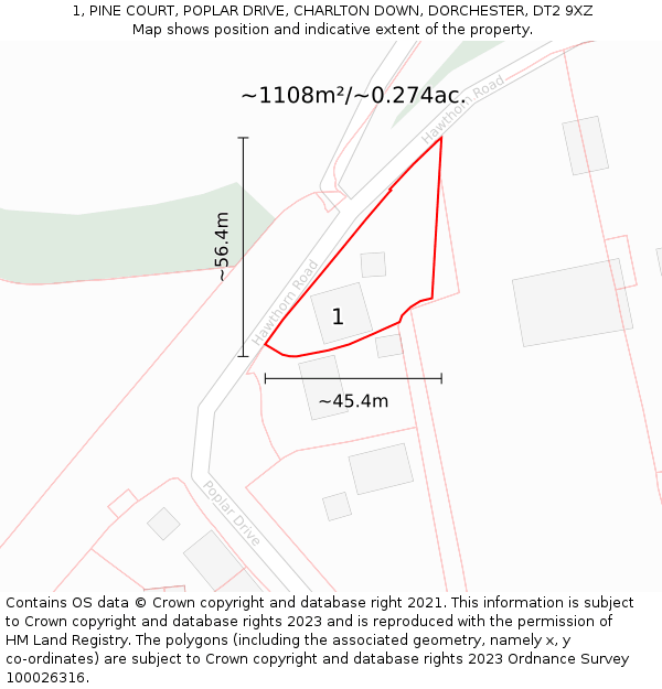 1, PINE COURT, POPLAR DRIVE, CHARLTON DOWN, DORCHESTER, DT2 9XZ: Plot and title map