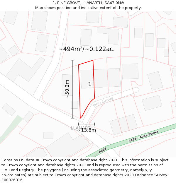 1, PINE GROVE, LLANARTH, SA47 0NW: Plot and title map