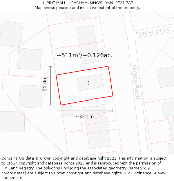 1, PINE MALL, HEACHAM, KING'S LYNN, PE31 7AE: Plot and title map