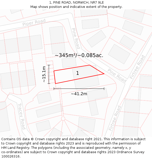 1, PINE ROAD, NORWICH, NR7 9LE: Plot and title map