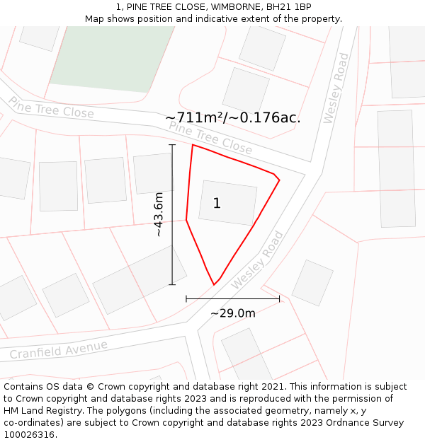 1, PINE TREE CLOSE, WIMBORNE, BH21 1BP: Plot and title map