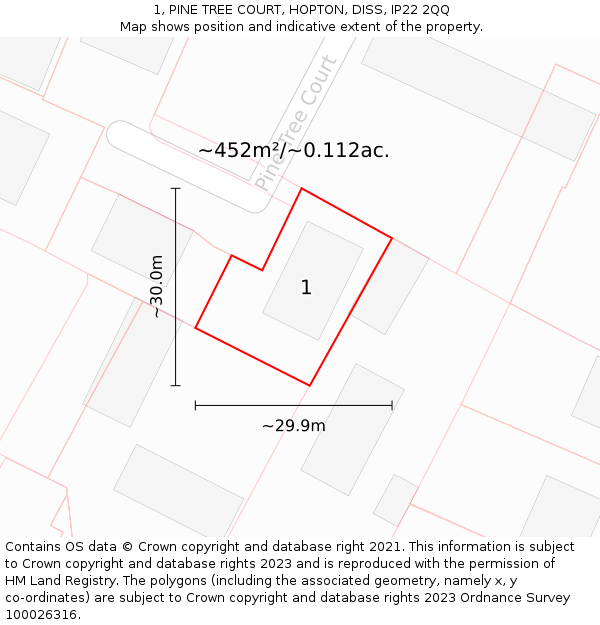 1, PINE TREE COURT, HOPTON, DISS, IP22 2QQ: Plot and title map